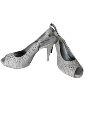 Lulu Townsend Silver Crystal Formal Open Toe Heels SZ 9